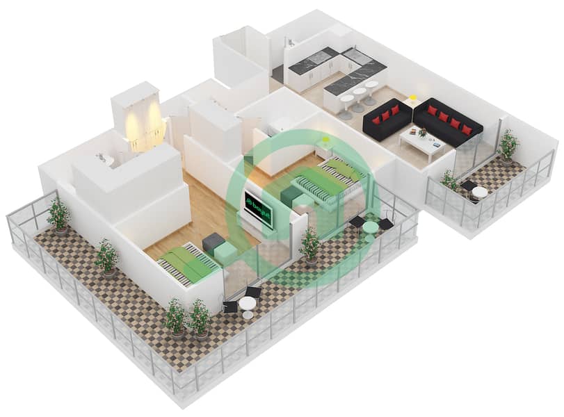 المخططات الطابقية لتصميم الوحدة 1 شقة 2 غرفة نوم - برج كونتيننتال interactive3D