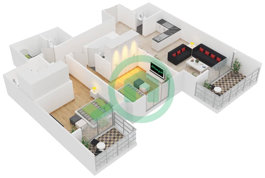 المخططات الطابقية لتصميم الوحدة 2 شقة 2 غرفة نوم - برج كونتيننتال interactive3D