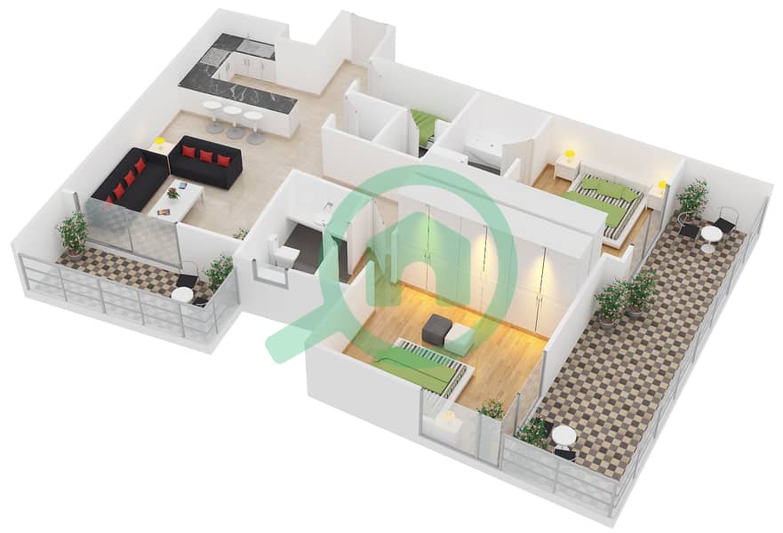 洲际大厦 - 2 卧室公寓单位3戶型图 interactive3D