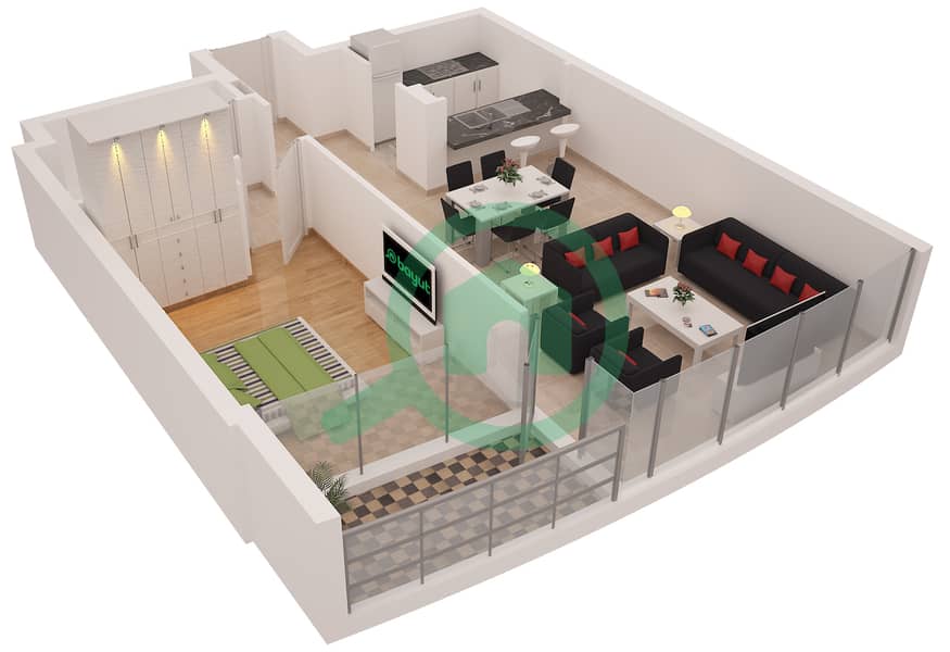 Аль Сахаб Тауэр 1 - Апартамент 1 Спальня планировка Гарнитур, анфилиада комнат, апартаменты, подходящий 02 / FLOOR 3 Floor 3 interactive3D