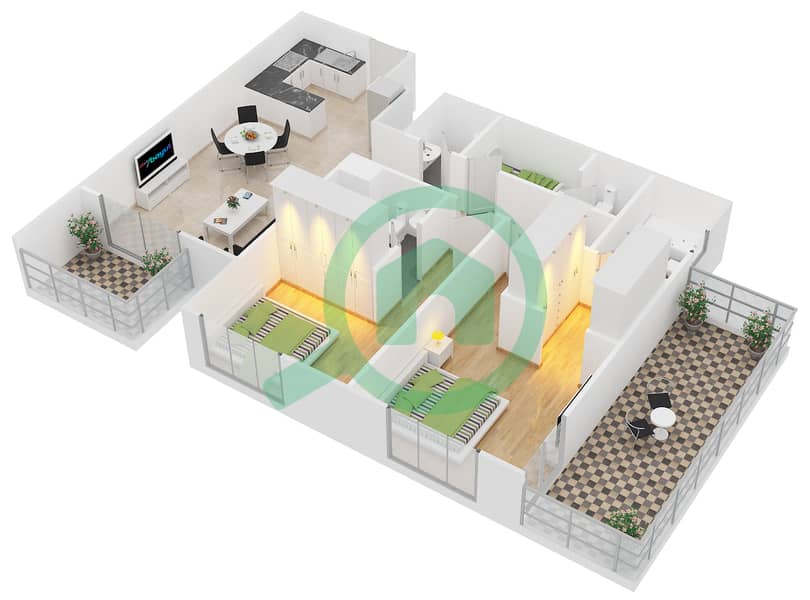 洲际大厦 - 2 卧室公寓单位4戶型图 interactive3D