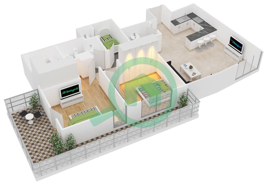 Континентал Тауэр - Апартамент 2 Cпальни планировка Единица измерения 7 interactive3D