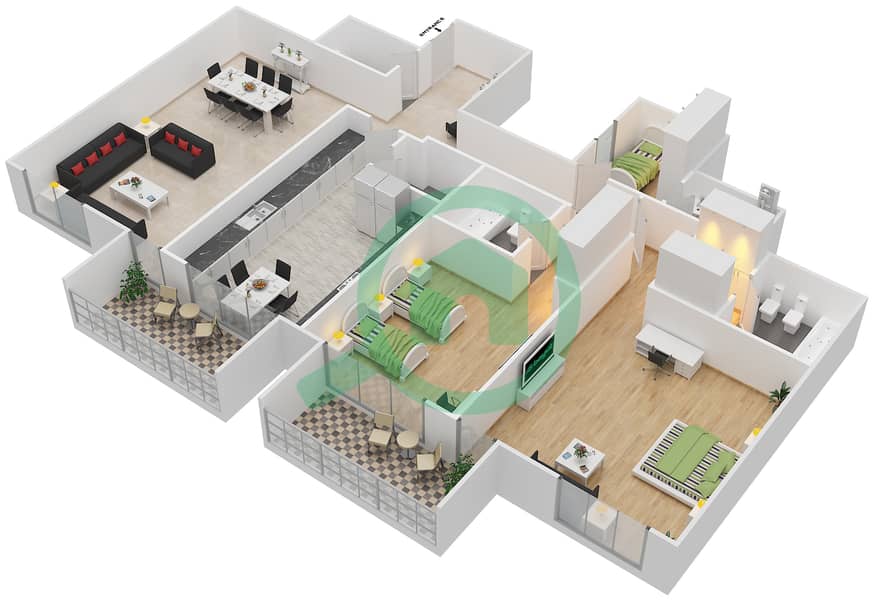 المخططات الطابقية لتصميم النموذج A شقة 2 غرفة نوم - برج السيف interactive3D