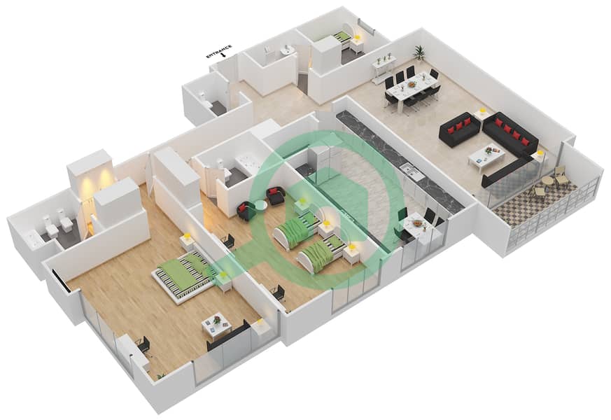 Al Seef Tower - 2 Bedroom Apartment Type B Floor plan interactive3D