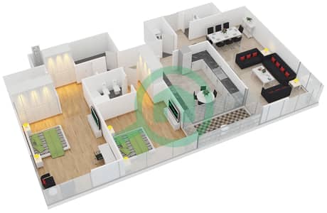 المخططات الطابقية لتصميم النموذج C شقة 2 غرفة نوم - برج السيف