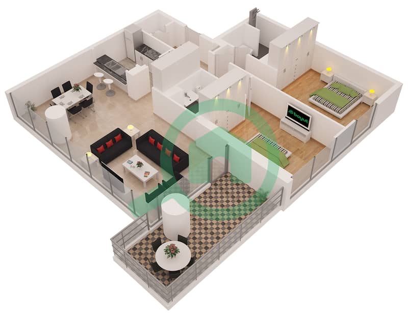 Аль-Сахаб Тауэр 2 - Апартамент 2 Cпальни планировка Гарнитур, анфилиада комнат, апартаменты, подходящий 01 B interactive3D