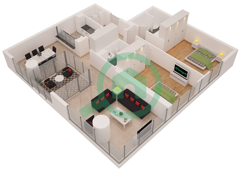 المخططات الطابقية لتصميم التصميم 01 A شقة 2 غرفة نوم - برج السحاب 2 interactive3D