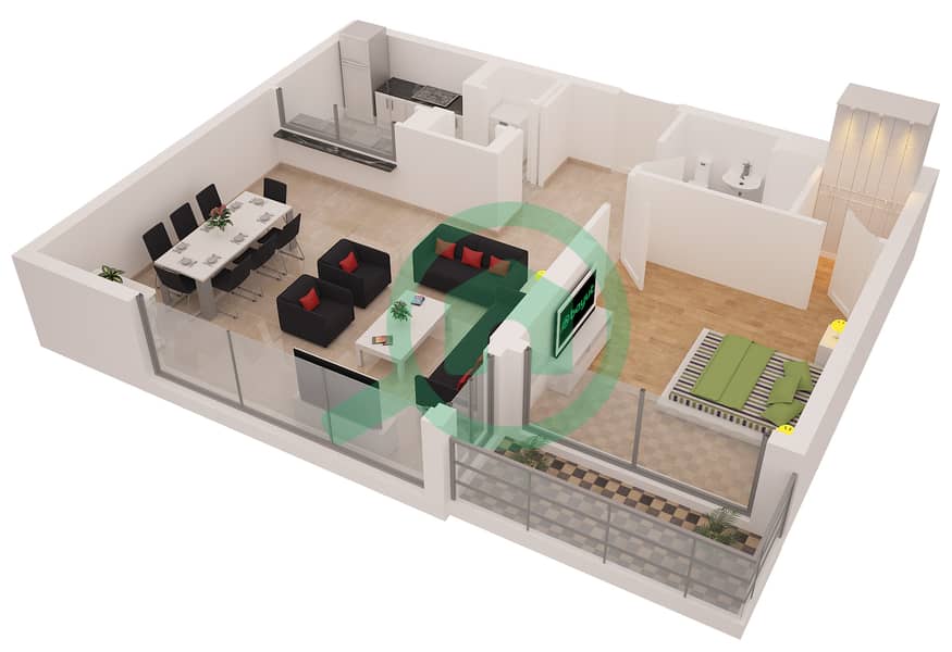 المخططات الطابقية لتصميم التصميم 02 شقة 1 غرفة نوم - برج السحاب 2 interactive3D