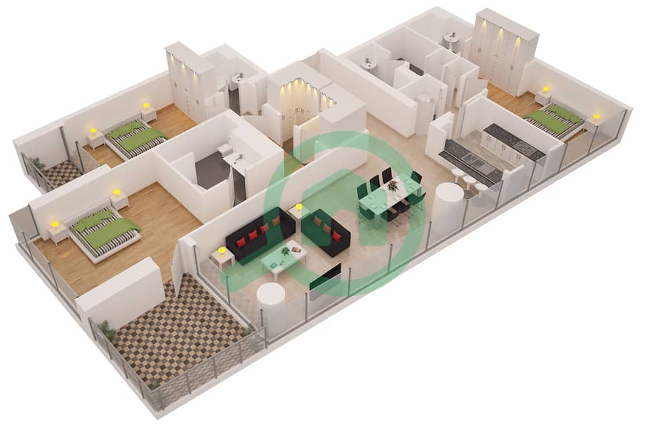Аль-Сахаб Тауэр 2 - Апартамент 3 Cпальни планировка Гарнитур, анфилиада комнат, апартаменты, подходящий 04 interactive3D