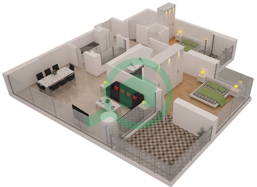 المخططات الطابقية لتصميم التصميم 06 شقة 2 غرفة نوم - برج السحاب 2 interactive3D