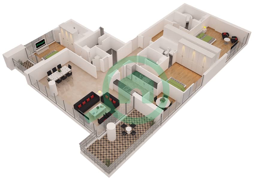 المخططات الطابقية لتصميم التصميم PH 01 بنتهاوس 3 غرف نوم - برج السحاب 2 interactive3D