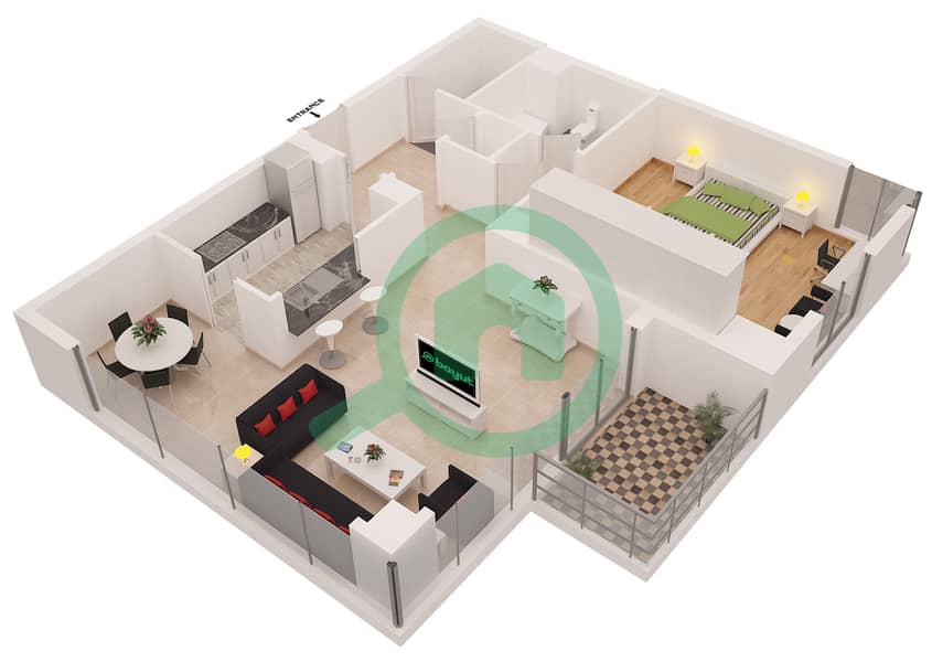 المخططات الطابقية لتصميم التصميم 3 شقة 1 غرفة نوم - برج أتيسا interactive3D