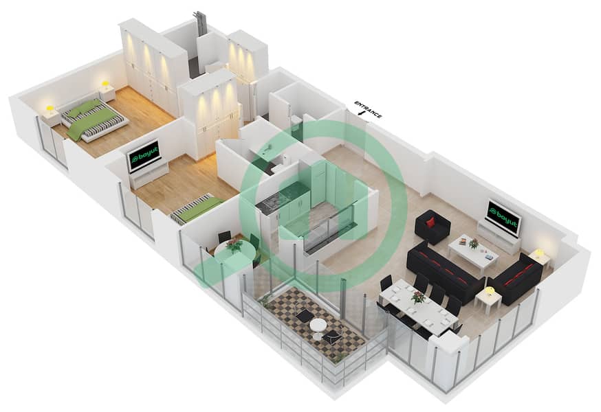 المخططات الطابقية لتصميم التصميم 2 شقة 2 غرفة نوم - برج أتيسا interactive3D