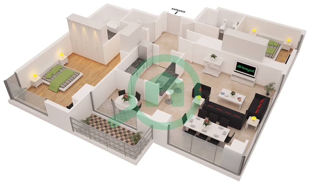 المخططات الطابقية لتصميم التصميم 1 شقة 2 غرفة نوم - برج أتيسا interactive3D