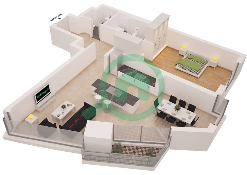 Бонэйр Тауэр - Апартамент 1 Спальня планировка Гарнитур, анфилиада комнат, апартаменты, подходящий 4 interactive3D