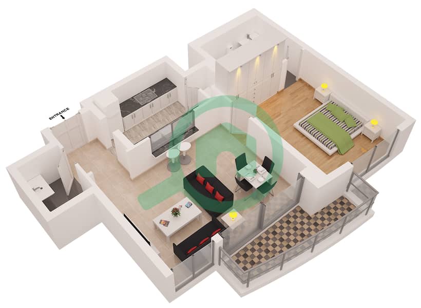 المخططات الطابقية لتصميم التصميم 6 شقة 1 غرفة نوم - برج بونير interactive3D