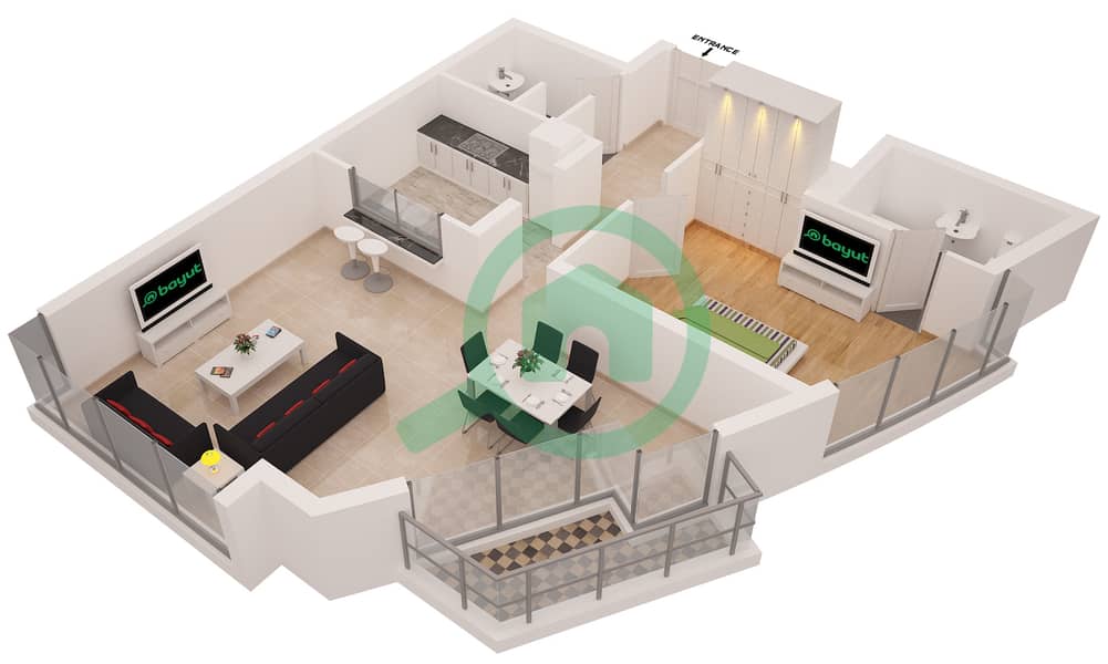 Бонэйр Тауэр - Апартамент 1 Спальня планировка Гарнитур, анфилиада комнат, апартаменты, подходящий 5 interactive3D