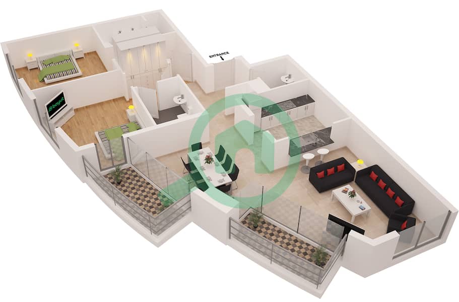 المخططات الطابقية لتصميم التصميم 1 شقة 2 غرفة نوم - برج بونير interactive3D
