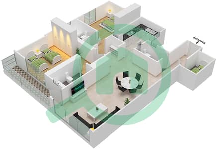 المخططات الطابقية لتصميم الوحدة 8 شقة 2 غرفة نوم - برج المستقبل 3