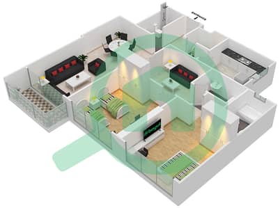 المخططات الطابقية لتصميم الوحدة 9 شقة 2 غرفة نوم - برج المستقبل 3