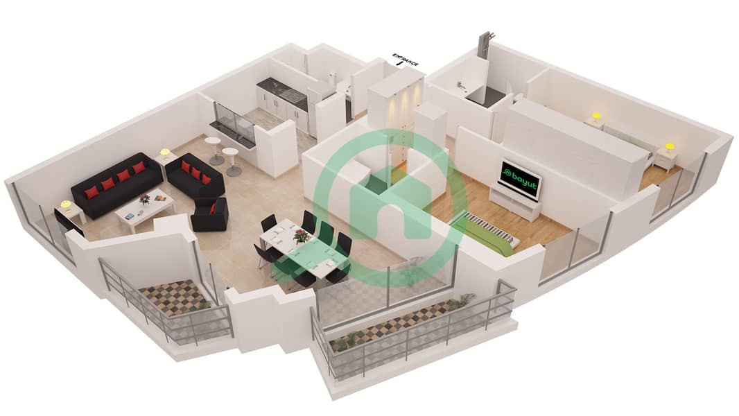 Бонэйр Тауэр - Апартамент 2 Cпальни планировка Гарнитур, анфилиада комнат, апартаменты, подходящий 2 interactive3D
