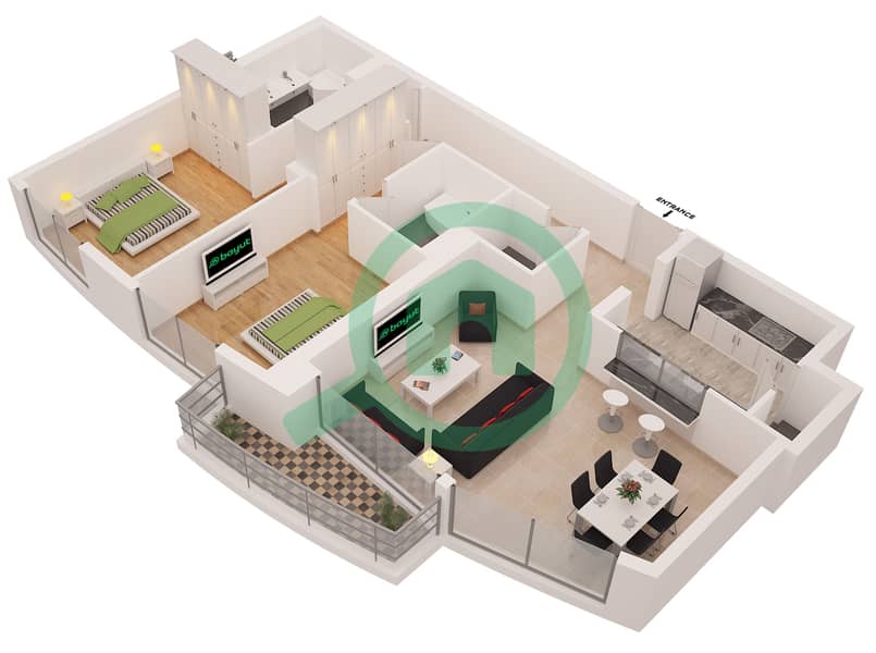 Бонэйр Тауэр - Апартамент 2 Cпальни планировка Гарнитур, анфилиада комнат, апартаменты, подходящий 3 interactive3D