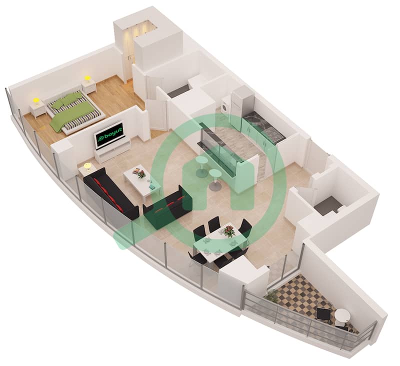 欧若拉大厦 - 1 卧室公寓套房3戶型图 interactive3D