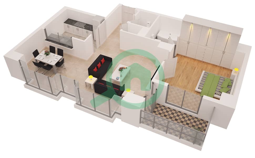 欧若拉大厦 - 1 卧室公寓套房2戶型图 interactive3D