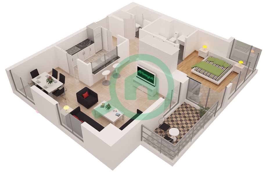 المخططات الطابقية لتصميم التصميم 1 شقة 1 غرفة نوم - أورورا interactive3D