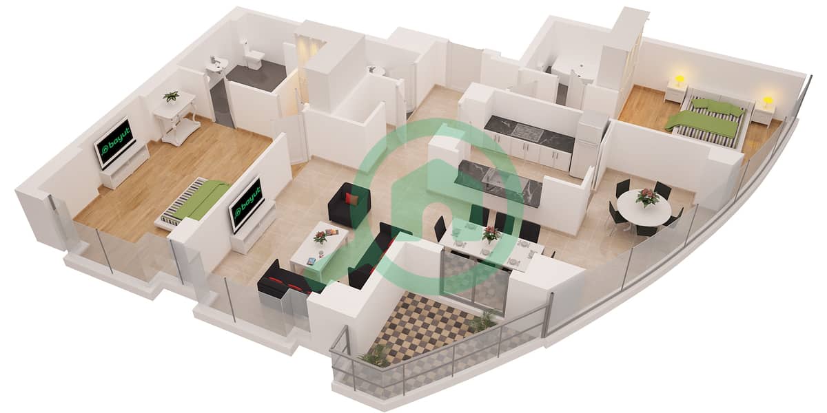المخططات الطابقية لتصميم التصميم 4 شقة 2 غرفة نوم - أورورا interactive3D
