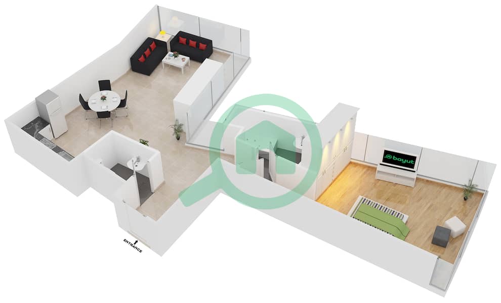 المخططات الطابقية لتصميم الوحدة 101 شقة 1 غرفة نوم - داماك هايتس interactive3D