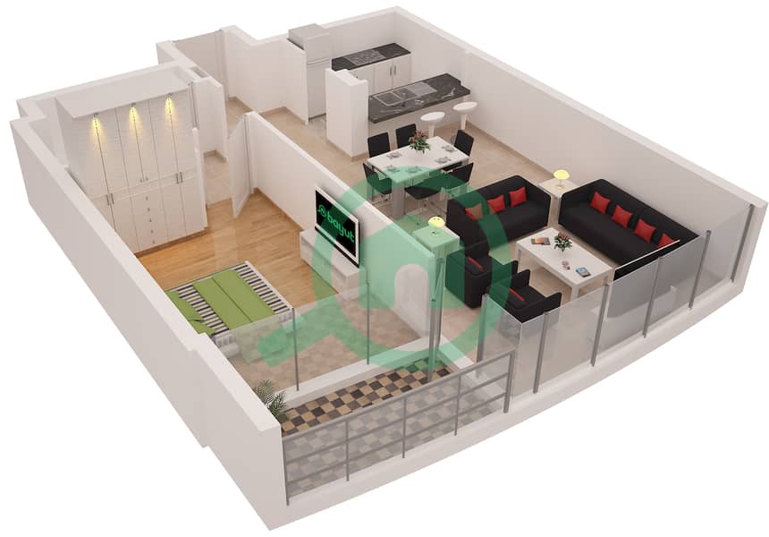 Al Sahab Tower 1 - 1 Bedroom Apartment Suite 02 / FLOOR 4-21 Floor plan Floor 4-21 interactive3D