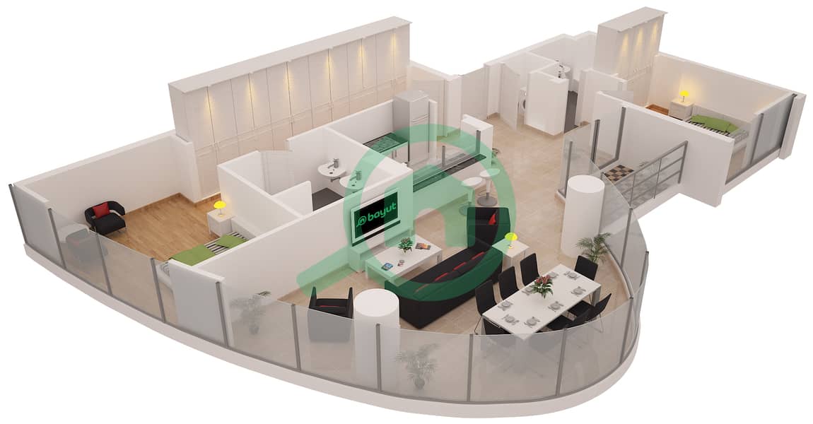 Аль Сахаб Тауэр 1 - Апартамент 2 Cпальни планировка Гарнитур, анфилиада комнат, апартаменты, подходящий 03 / FLOOR 4-21 Floor 4-21 interactive3D