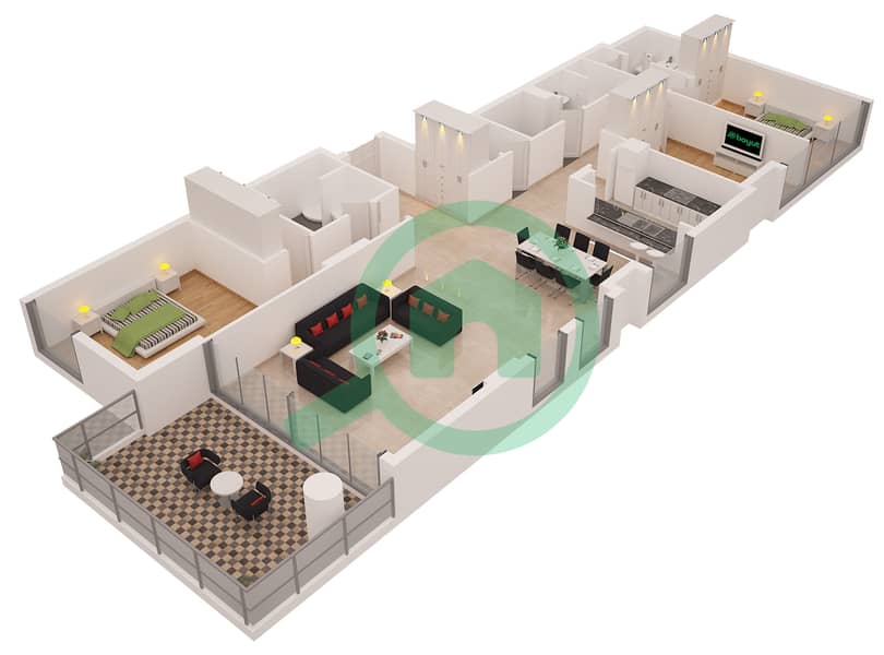 Аль Сахаб Тауэр 1 - Апартамент 3 Cпальни планировка Гарнитур, анфилиада комнат, апартаменты, подходящий 04B / FLOOR 6,9,12,15,18 Floor 6,9,12,15,18,21 interactive3D