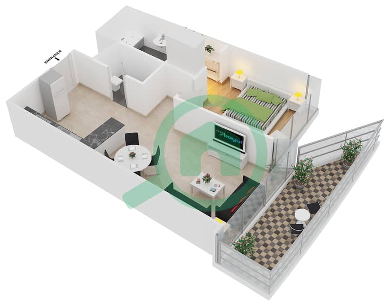 达马克塔楼 - 1 卧室公寓单位102戶型图 interactive3D