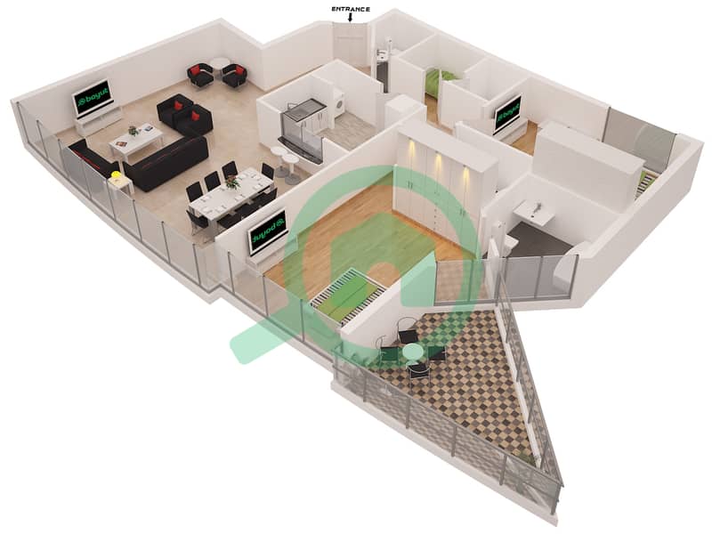المخططات الطابقية لتصميم النموذج A شقة 2 غرفة نوم - درة باي Floor 5,6 interactive3D