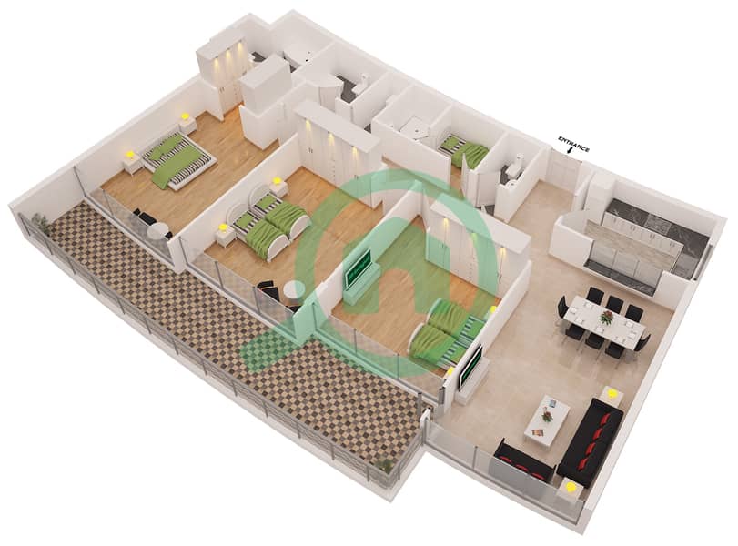 Дорра Бэй - Апартамент 3 Cпальни планировка Тип D Floor 9-12 interactive3D