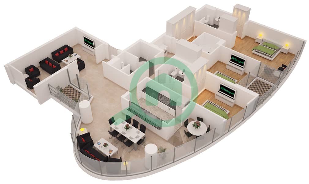 Аль Сахаб Тауэр 1 - Пентхаус 3 Cпальни планировка Гарнитур, анфилиада комнат, апартаменты, подходящий PH1 / FLOOR 22-23 Floor 22-23 interactive3D