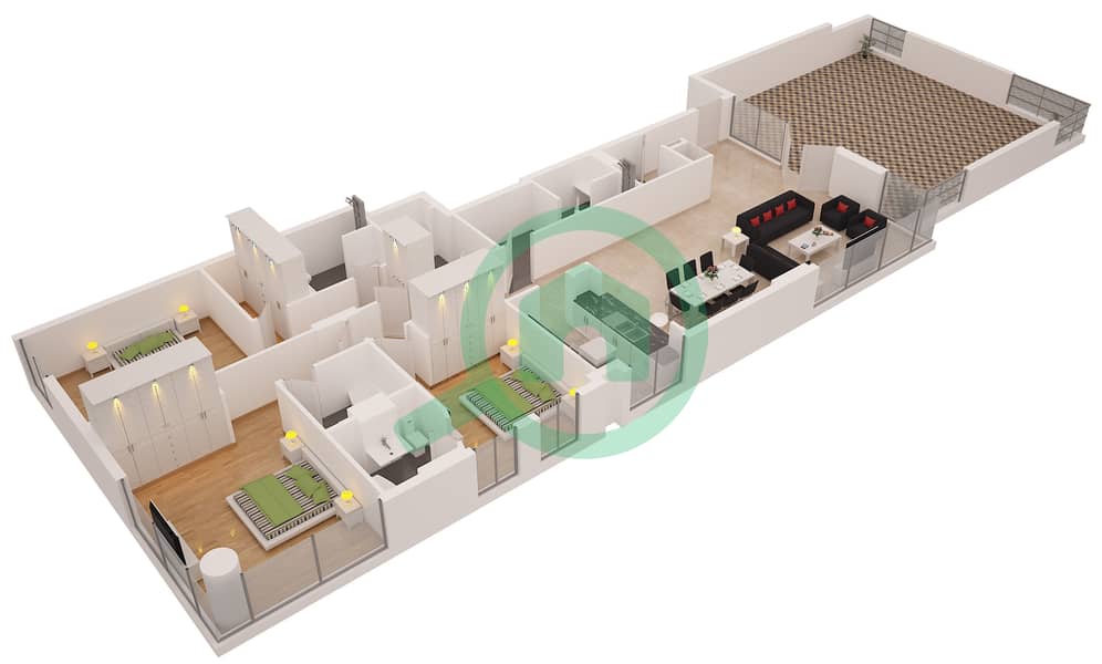 المخططات الطابقية لتصميم التصميم PH2A / FLOOR 22 بنتهاوس 3 غرف نوم - برج السحاب 1 Floor 22 interactive3D