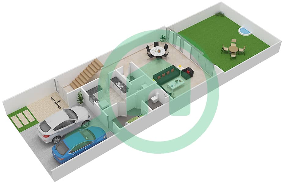 المخططات الطابقية لتصميم النموذج R2-M1 فیلا 4 غرف نوم - كلاريت Ground Floor interactive3D