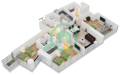 DAMAC Residenze - 3 Bedroom Apartment Type A FLOOR 43 Floor plan