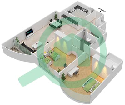 المخططات الطابقية لتصميم الوحدة 6 شقة 2 غرفة نوم - برج صحارى 1