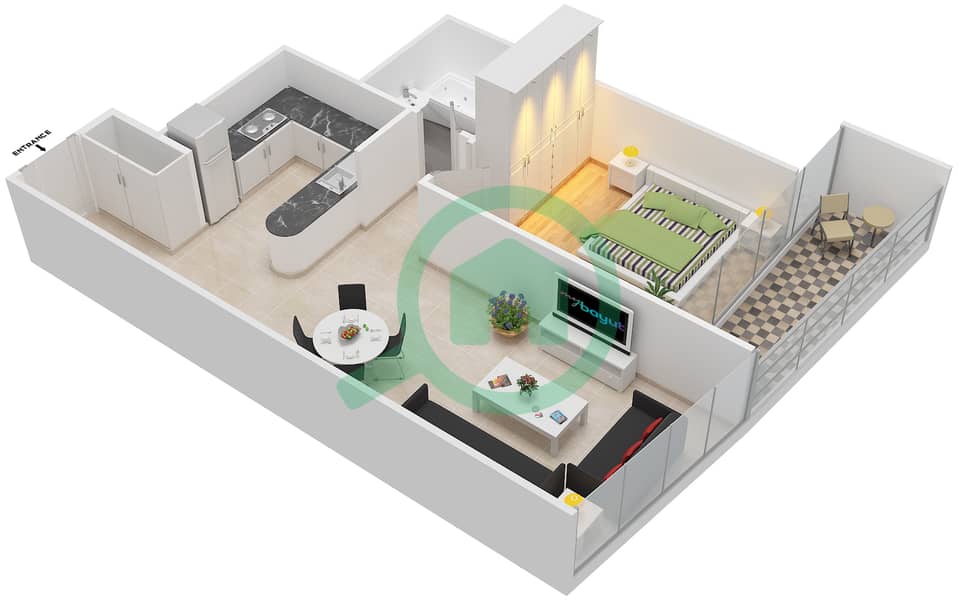 滨海钻石5号楼 - 1 卧室公寓单位3,5戶型图 interactive3D