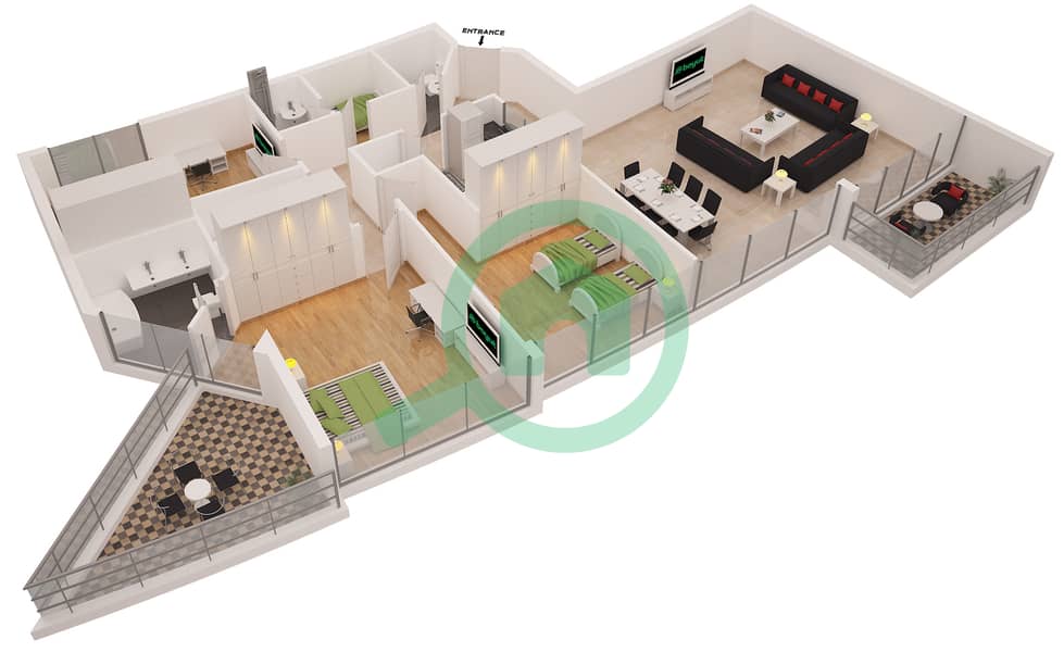 Дорра Бэй - Апартамент 3 Cпальни планировка Тип C Floor 9-12 interactive3D