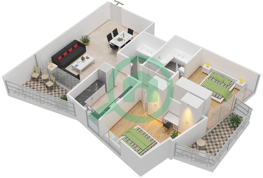 Марина Даймонд 5 - Апартамент 2 Cпальни планировка Единица измерения 1,2,6 interactive3D