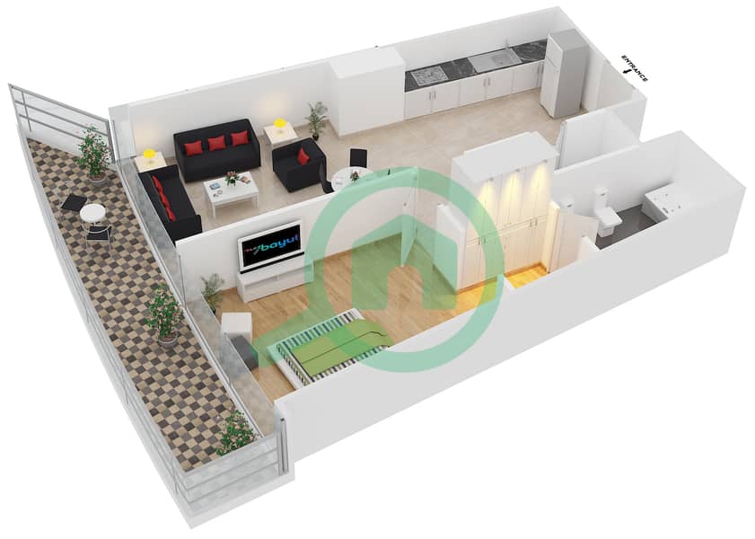 ДАМАК Хайтс - Апартамент 1 Спальня планировка Единица измерения 108 interactive3D