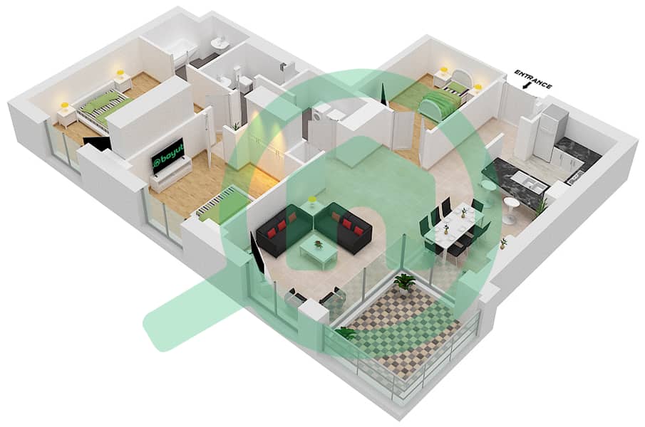 Al Yass Tower - 3 Bedroom Apartment Suite 1 Floor plan interactive3D