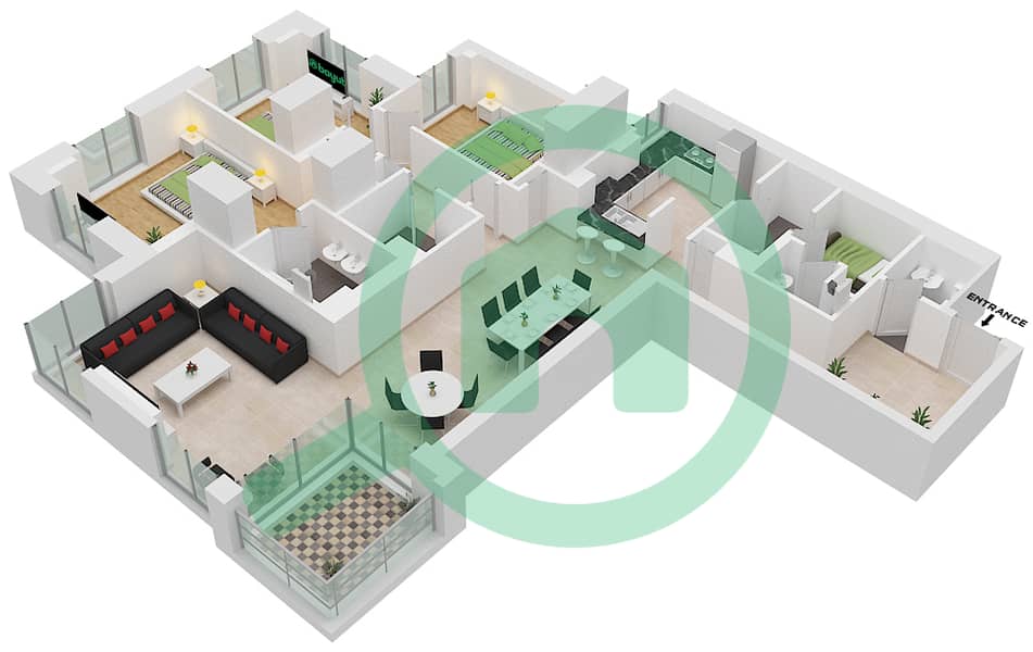 المخططات الطابقية لتصميم النموذج 2 شقة 3 غرف نوم - برج الياس interactive3D