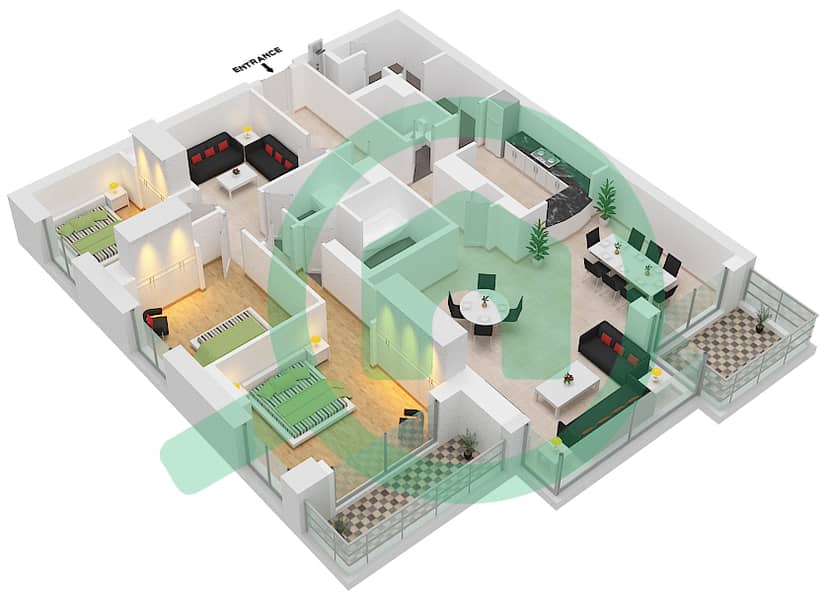 المخططات الطابقية لتصميم التصميم 2 شقة 3 غرف نوم - برج الياس interactive3D