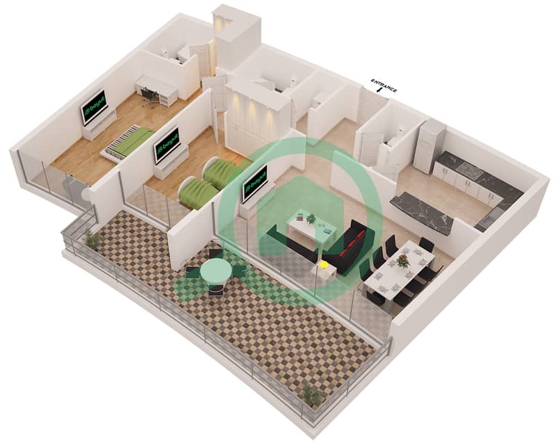 المخططات الطابقية لتصميم النموذج F شقة 2 غرفة نوم - درة باي Floor 9-12 interactive3D